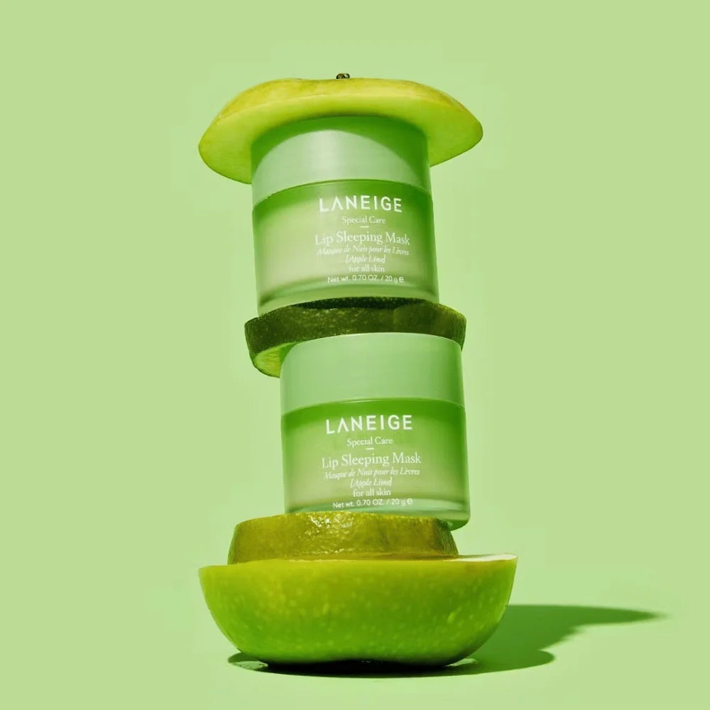 bareskin.lt LANEIGE Lip Sleeping Mask Apple Lime stacked with fresh green apple and lime slices on a light green background