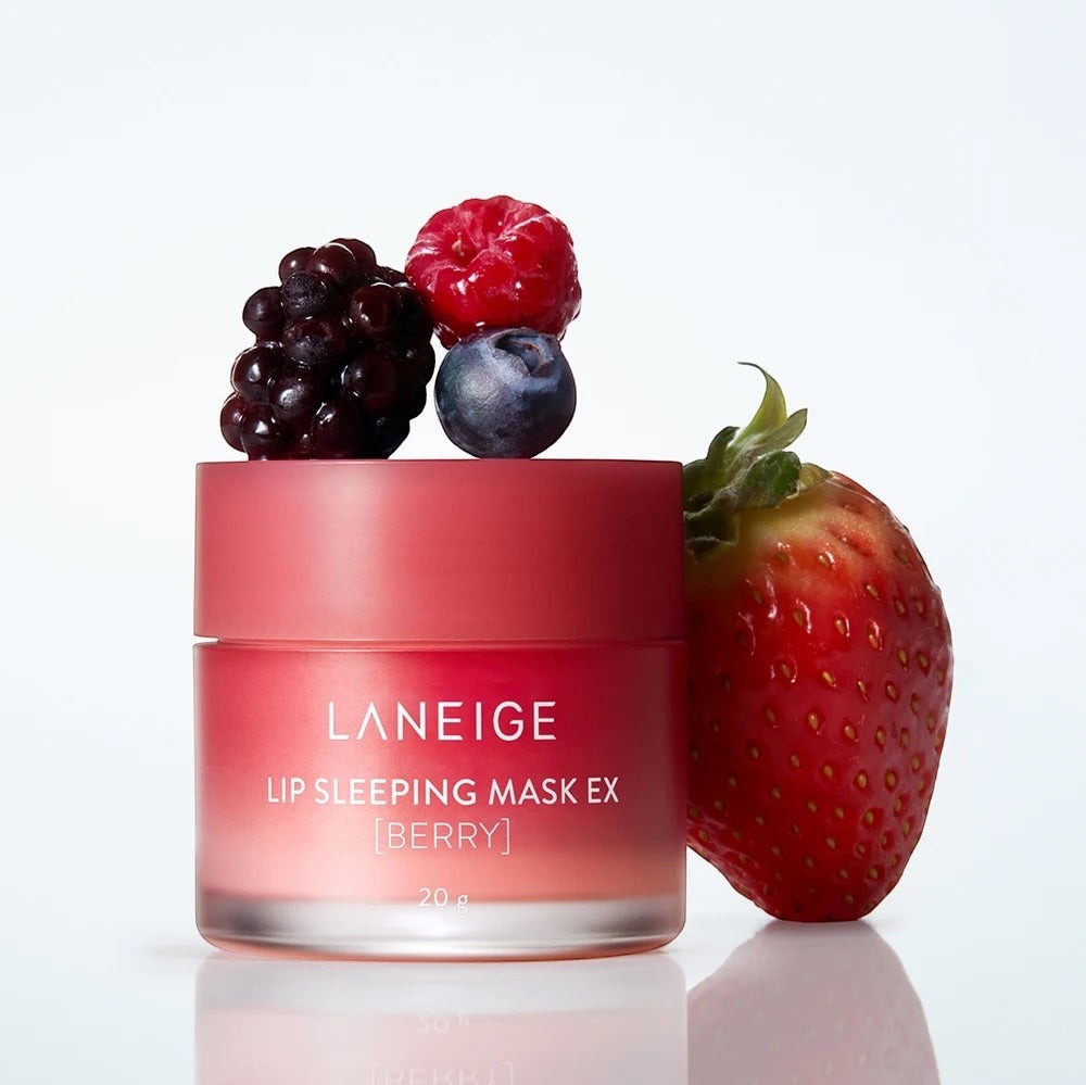 bareskin.lt Laneige Lip Sleeping Mask Berry mini jar with fresh strawberries, blueberries, and raspberries