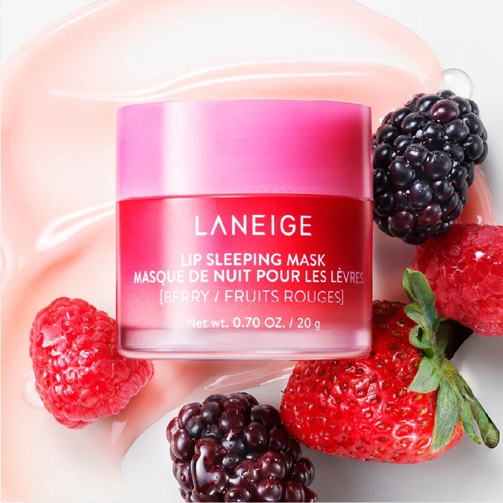 bareskin.lt Laneige Berry Lip Sleeping Mask mini jar surrounded by fresh strawberries, raspberries, and blackberries.