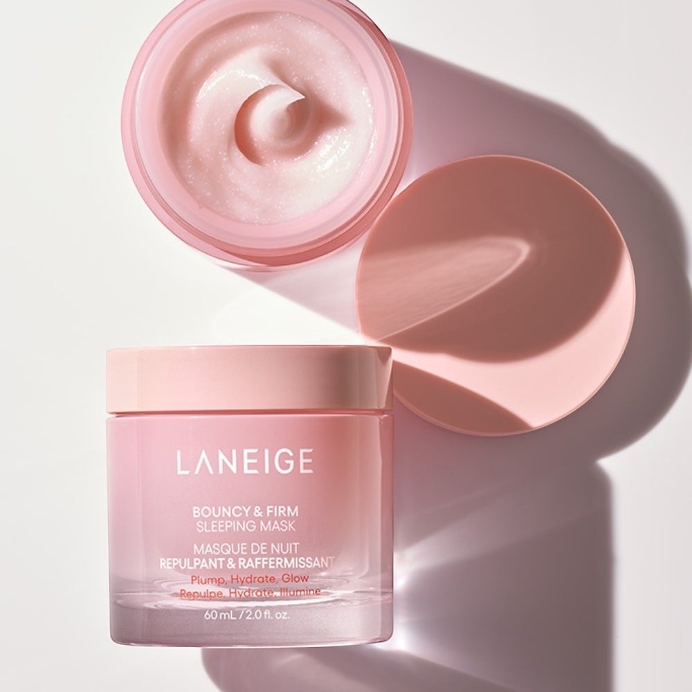 bareskin.lt Laneige Bouncy & Firm Sleeping Mask in a pink jar with sorbet-like cream texture for skin hydration