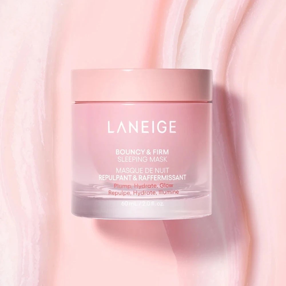 bareskin.lt Laneige Bouncy & Firm Sleeping Mask in a pink jar with sorbet-like texture background
