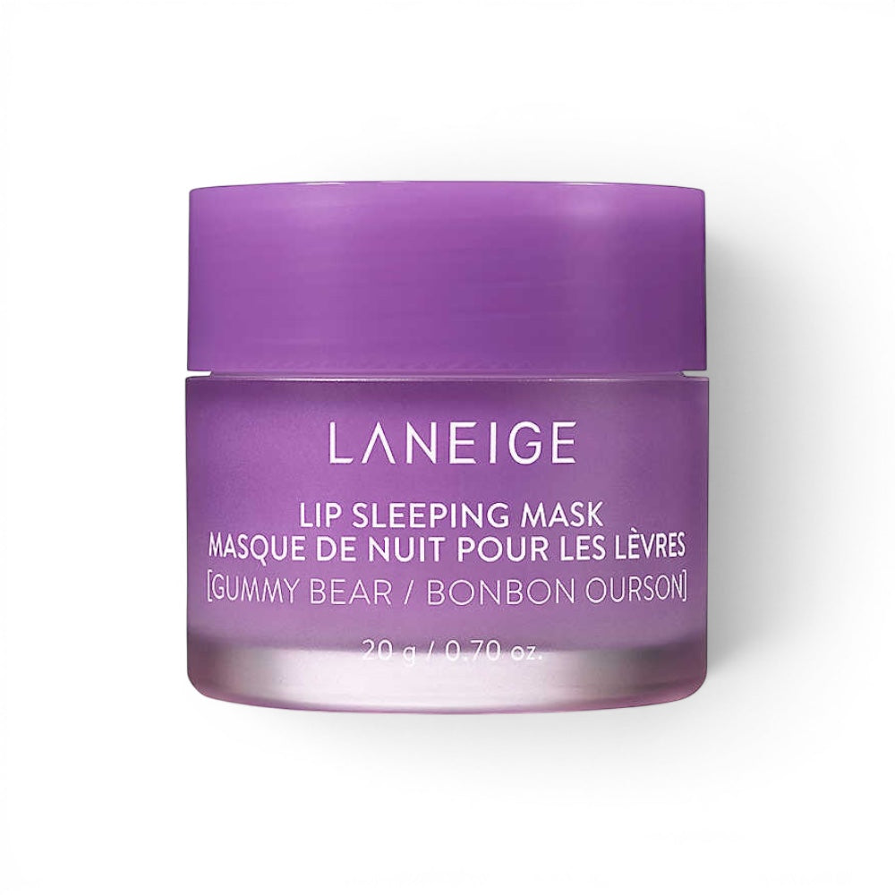 LANEIGE Lip Sleeping Mask Gummy Bear in a purple jar, available at bareskin.lt for overnight lip hydration.