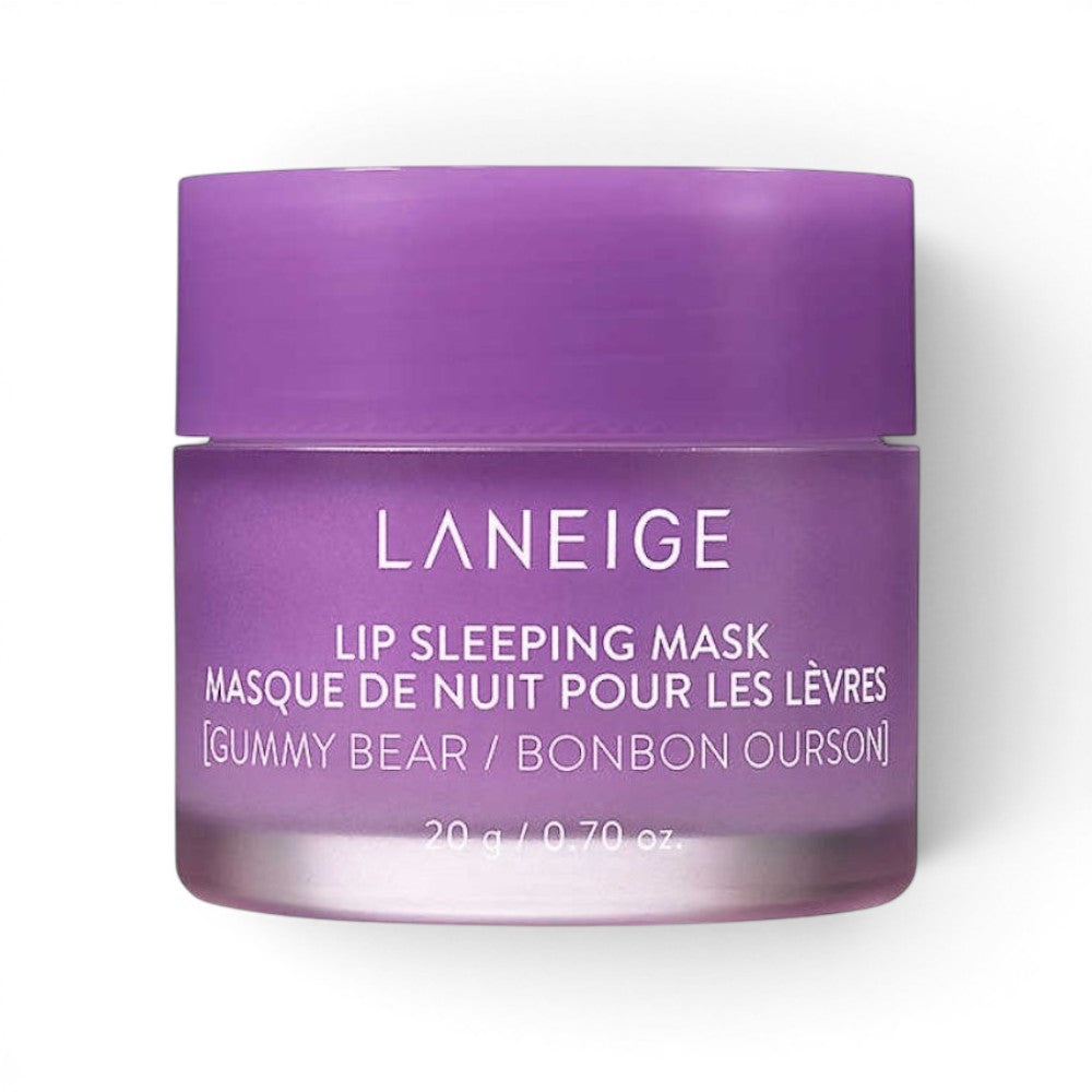 LANEIGE Lip Sleeping Mask Gummy Bear in a purple jar, available at bareskin.lt for overnight lip hydration.