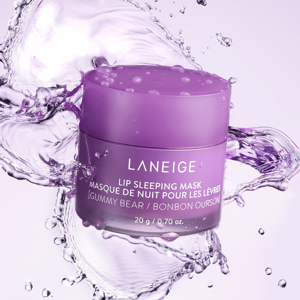 bareskin.lt LANEIGE Lip Sleeping Mask Gummy Bear in a purple jar surrounded by refreshing water splashes