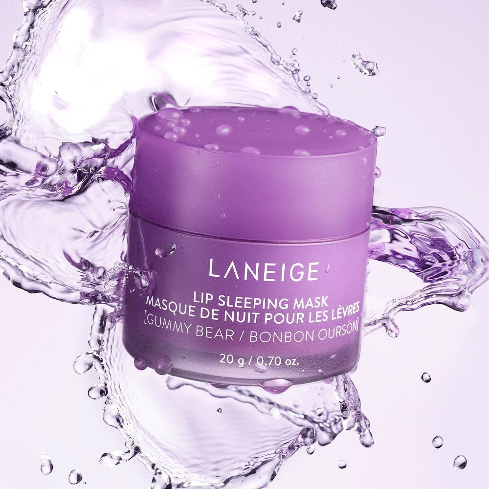 bareskin.lt LANEIGE Lip Sleeping Mask Gummy Bear in a purple jar surrounded by refreshing water splashes