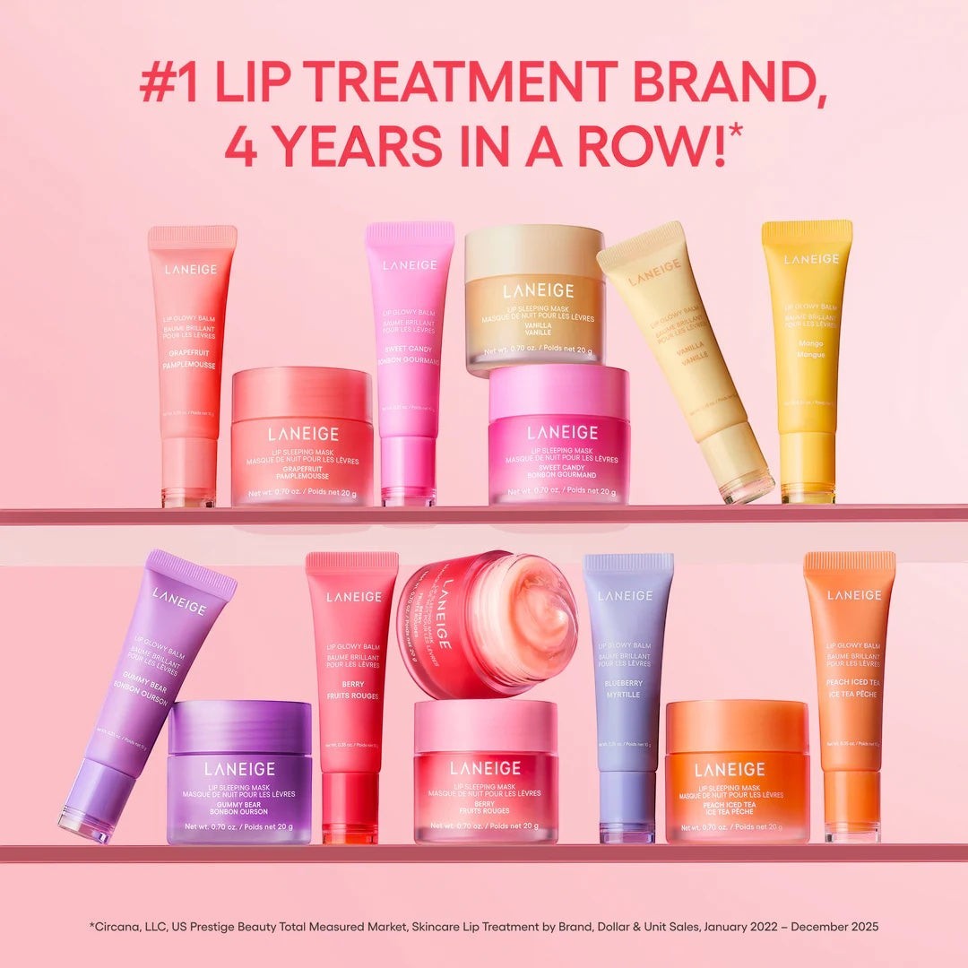 bareskin.lt collection of LANEIGE lip sleeping masks and lip glowy balms in various colorful tubes and jars