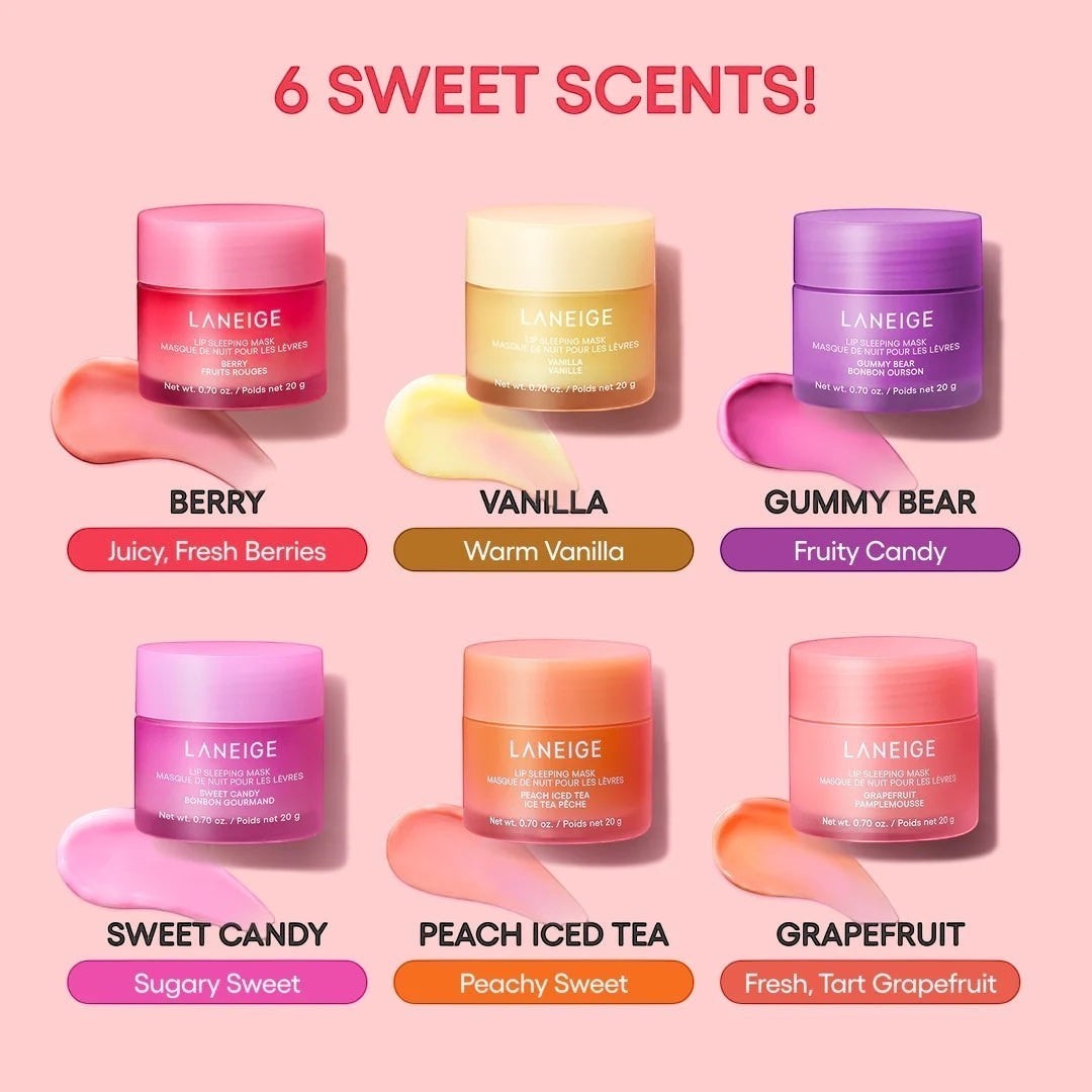 bareskin.lt LANEIGE Lip Sleeping Mask collection featuring six scented jars in berry, vanilla, and fruit flavors.