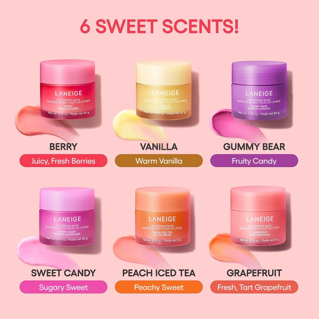 bareskin.lt LANEIGE Lip Sleeping Mask collection featuring six scented jars in berry, vanilla, gummy bear, and more.