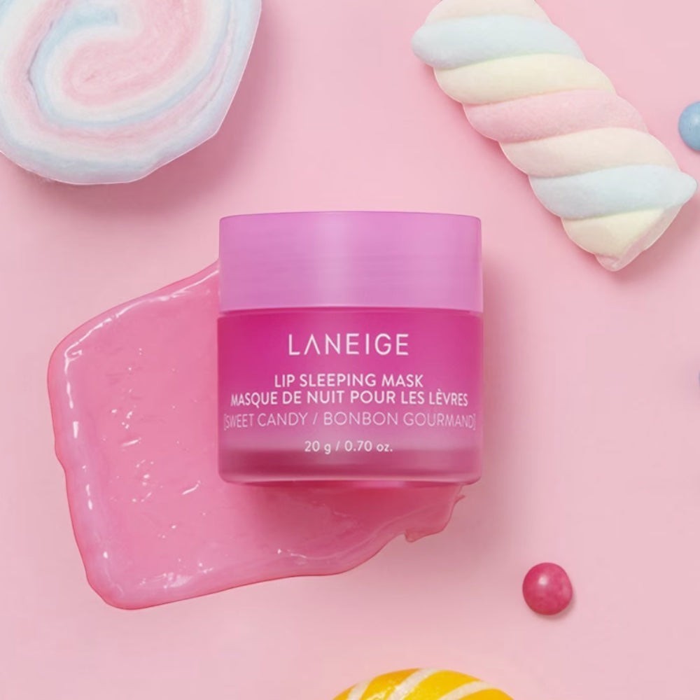 LANEIGE Lip Sleeping Mask in Sweet Candy scent by bareskin.lt, a pink moisturizing lip treatment in a glass jar.