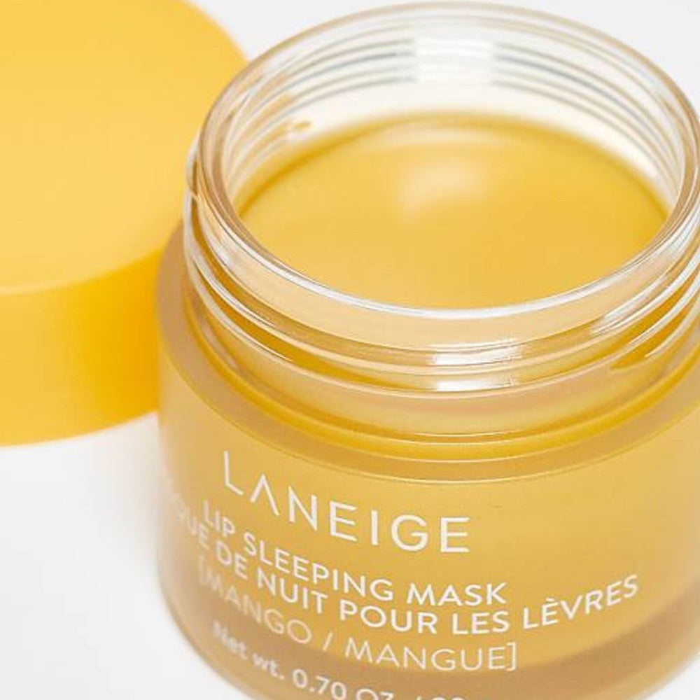 bareskin.lt LANEIGE Lip Sleeping Mask in Mango scent, a yellow moisturizing overnight lip treatment in a glass jar.