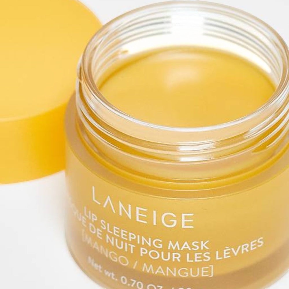 bareskin.lt LANEIGE Lip Sleeping Mask in Mango scent, a yellow moisturizing overnight lip treatment in a glass jar.
