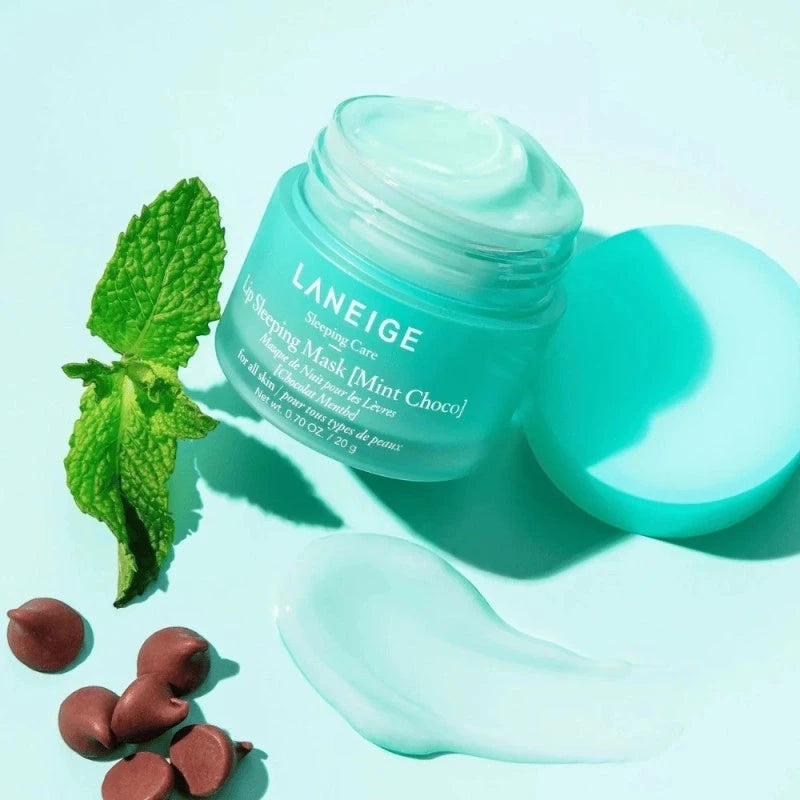 bareskin.lt LANEIGE Mint Choco Lip Sleeping Mask in a light blue jar with fresh mint leaves and chocolate chips