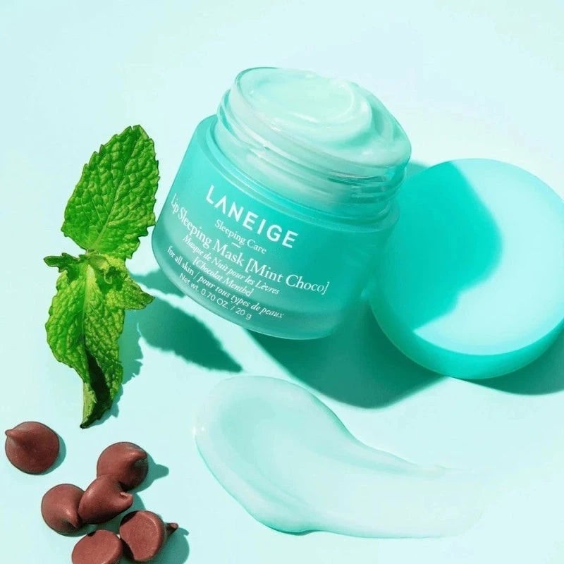 bareskin.lt LANEIGE Mint Choco Lip Sleeping Mask in a light blue jar with fresh mint leaves and chocolate chips