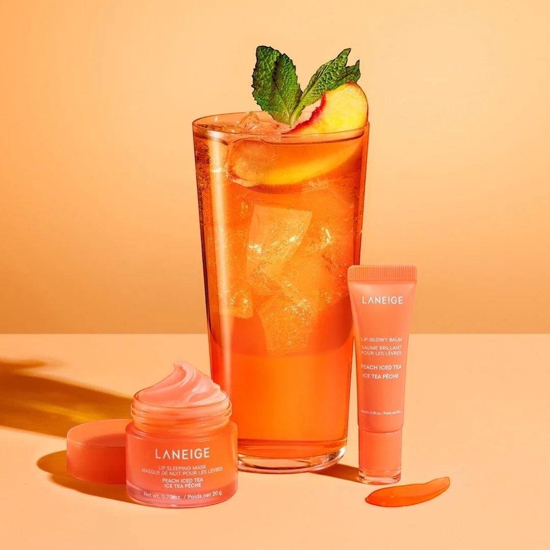 bareskin.lt LANEIGE Lip Sleeping Mask and Lip Glowy Balm in Peach Iced Tea scent with a refreshing iced tea drink.