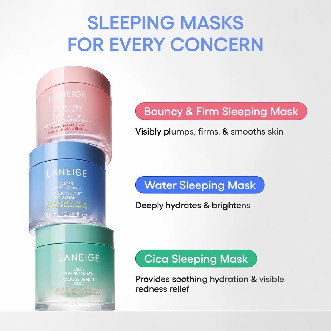 bareskin.lt Laneige sleeping mask collection featuring Bouncy & Firm, Water, and Cica jars for skin hydration