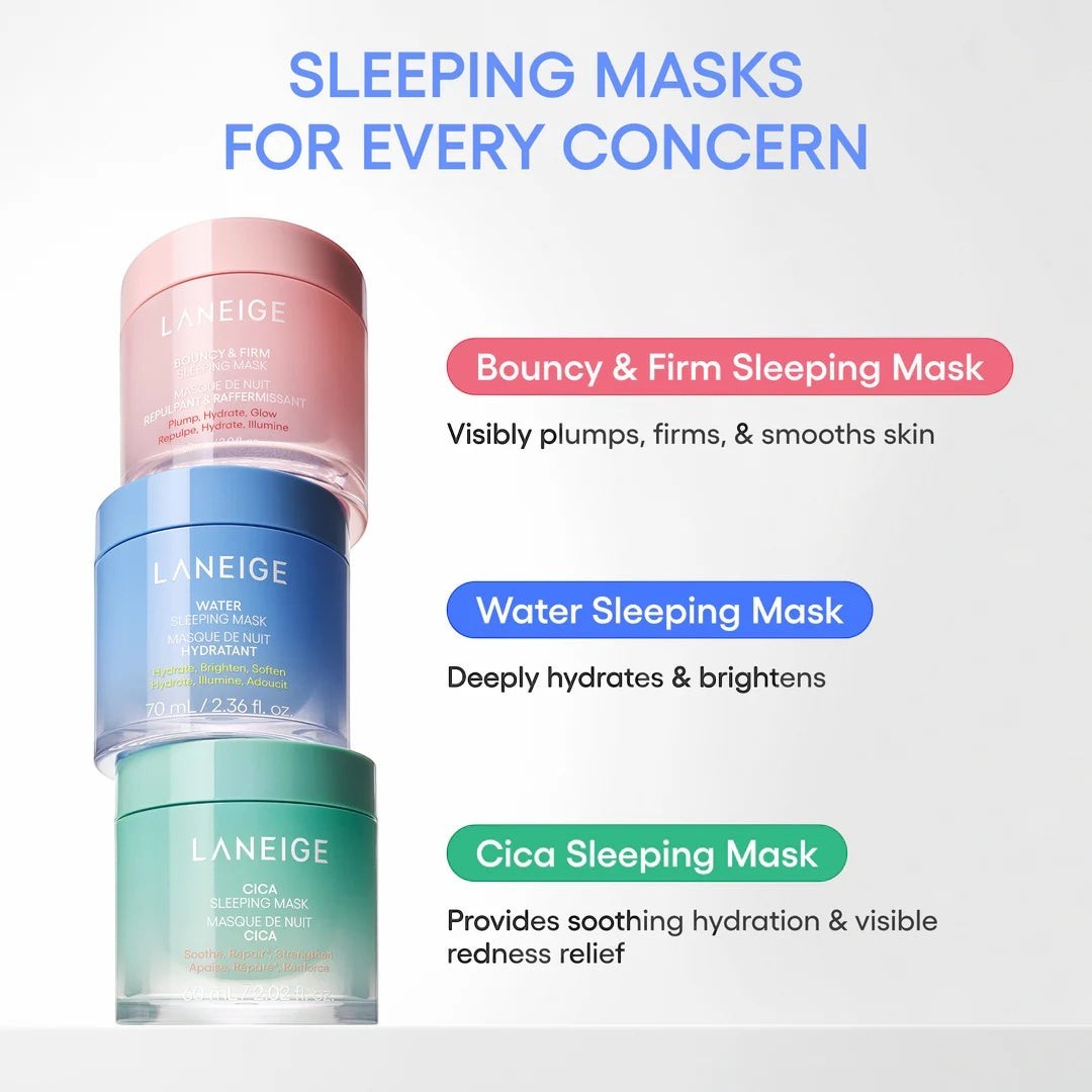 bareskin.lt Laneige sleeping mask collection featuring Bouncy & Firm, Water, and Cica jars for skin hydration and care