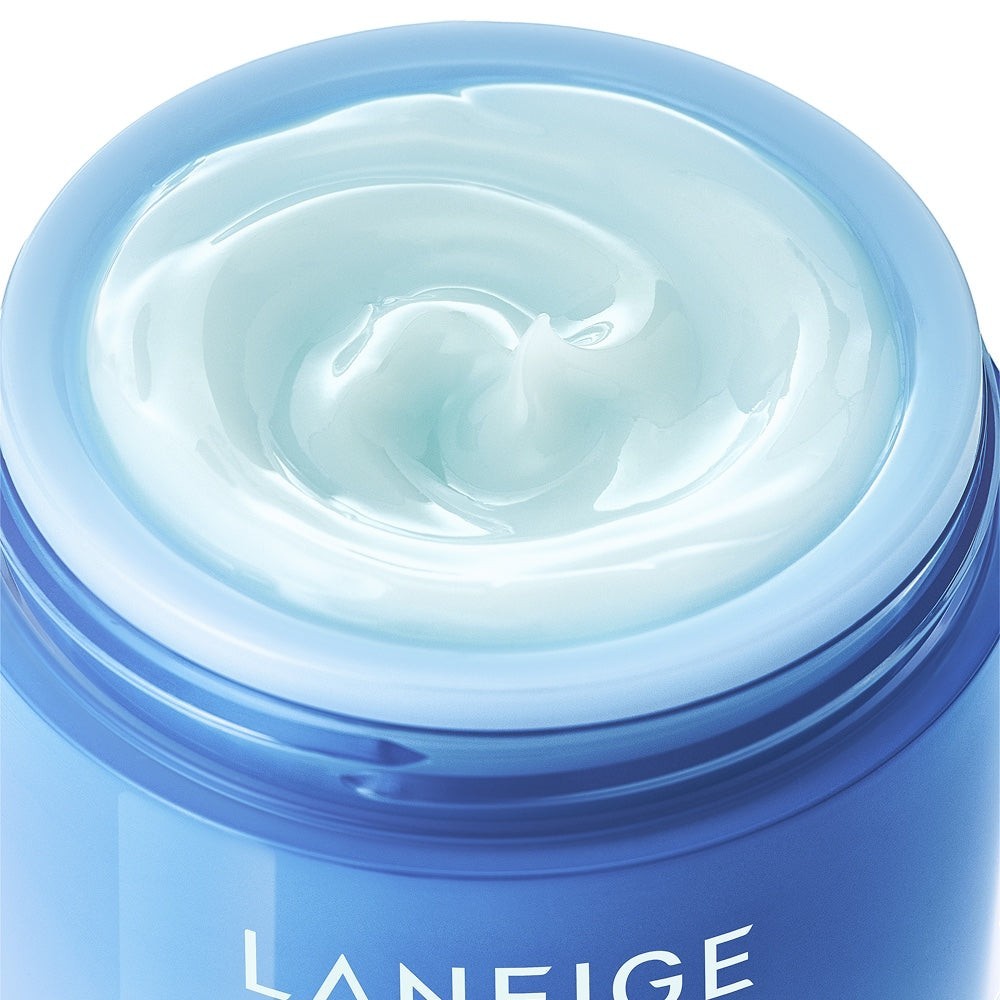 bareskin.lt Laneige Water Sleeping Mask with a light blue gel texture inside a blue jar for deep skin hydration