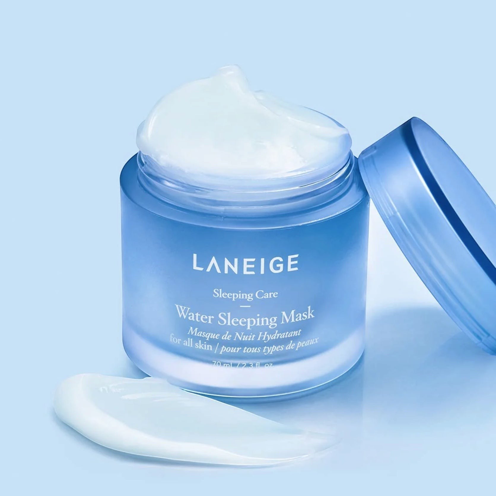 bareskin.lt Laneige Water Sleeping Mask in a blue jar with a creamy gel texture swatch on a light blue background