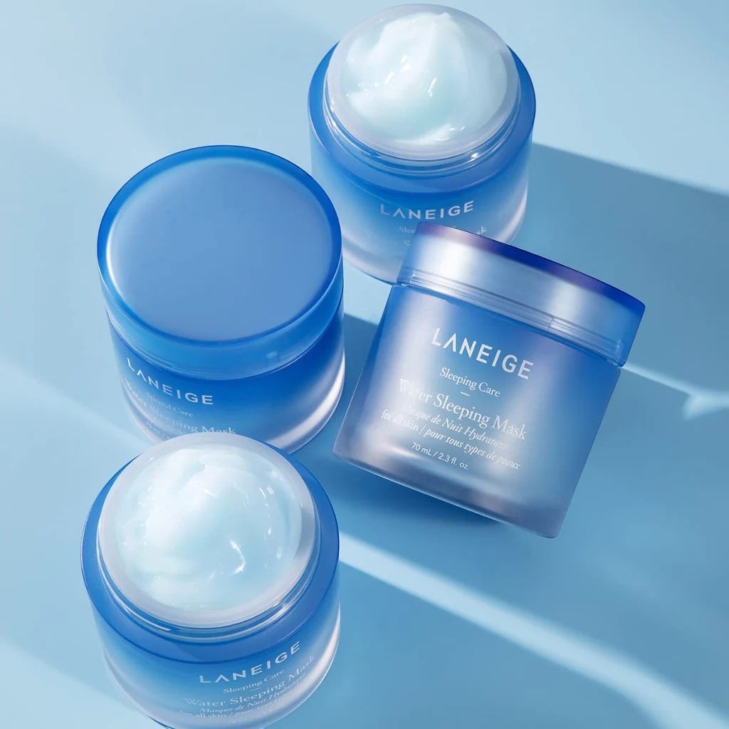 bareskin.lt Laneige Water Sleeping Mask jars with blue translucent packaging and hydrating gel cream texture