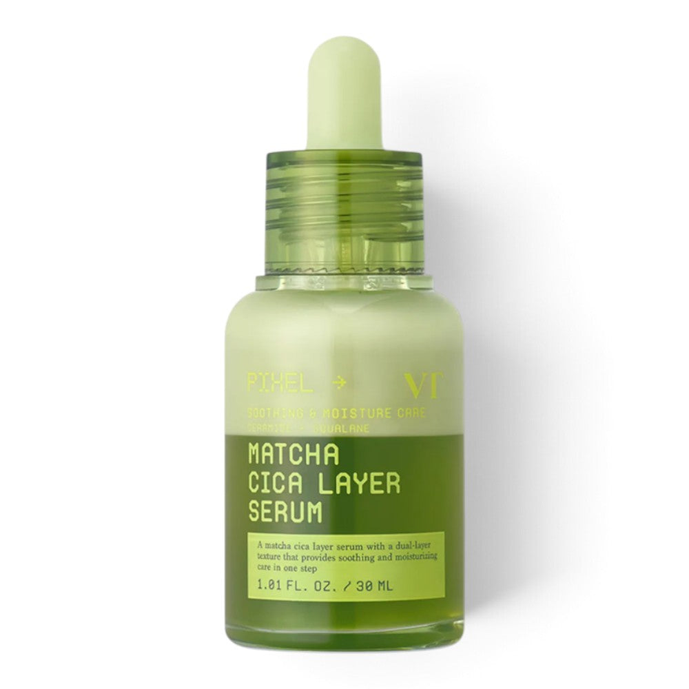 bareskin.lt VT Cosmetics Matcha Cica Layer Serum in a green glass dropper bottle for soothing and moisture care