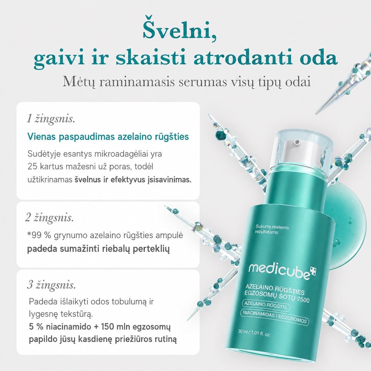 bareskin.lt Medicube Azelaic Acid Exosome Shot 7500 serum with niacinamide for smooth, clear skin texture.