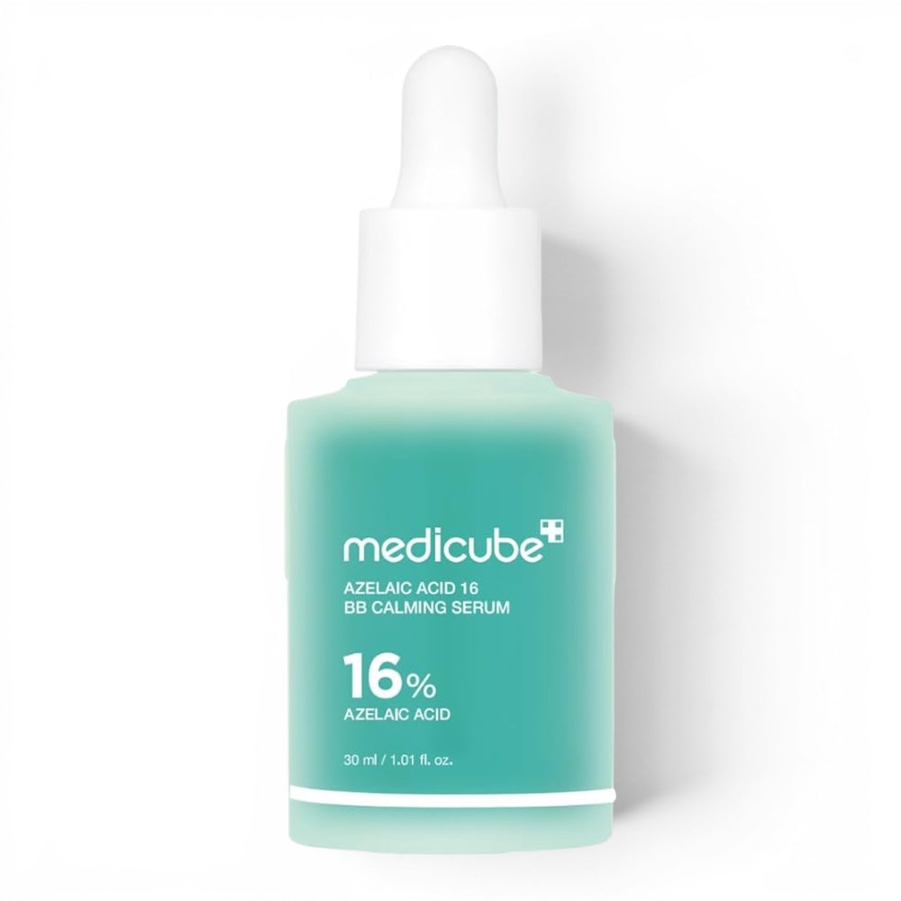 Medicube Azelaic Acid 16 BB Calming Serum from bareskin.lt in a teal glass dropper bottle for acne-prone skin.