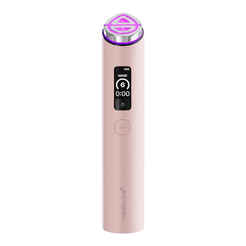 bareskin.lt Medicube AGE-R Booster Pro facial device in soft pink with a glowing LED head and digital display screen.