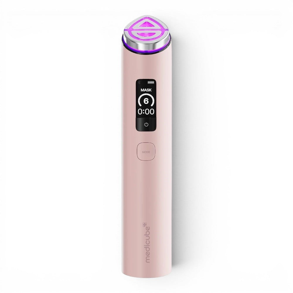 bareskin.lt Medicube AGE-R Booster Pro facial device in soft pink with a glowing LED head and digital display screen.