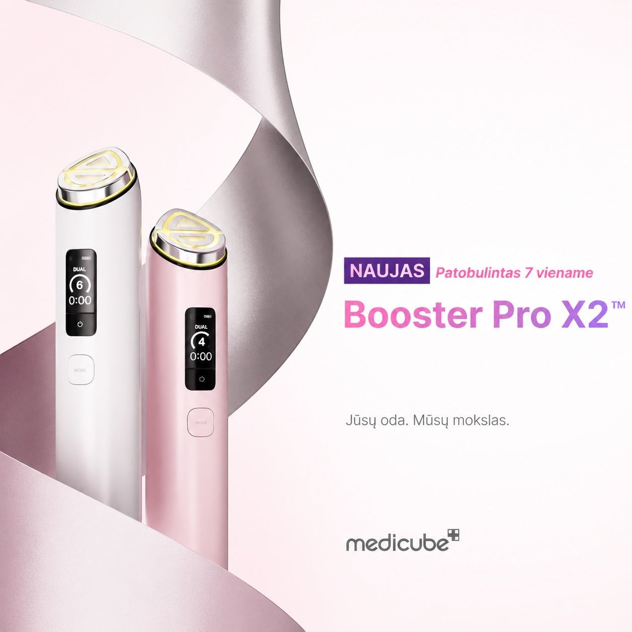 bareskin.lt Medicube AGE-R Booster Pro X2 white and pink facial skincare devices with digital displays