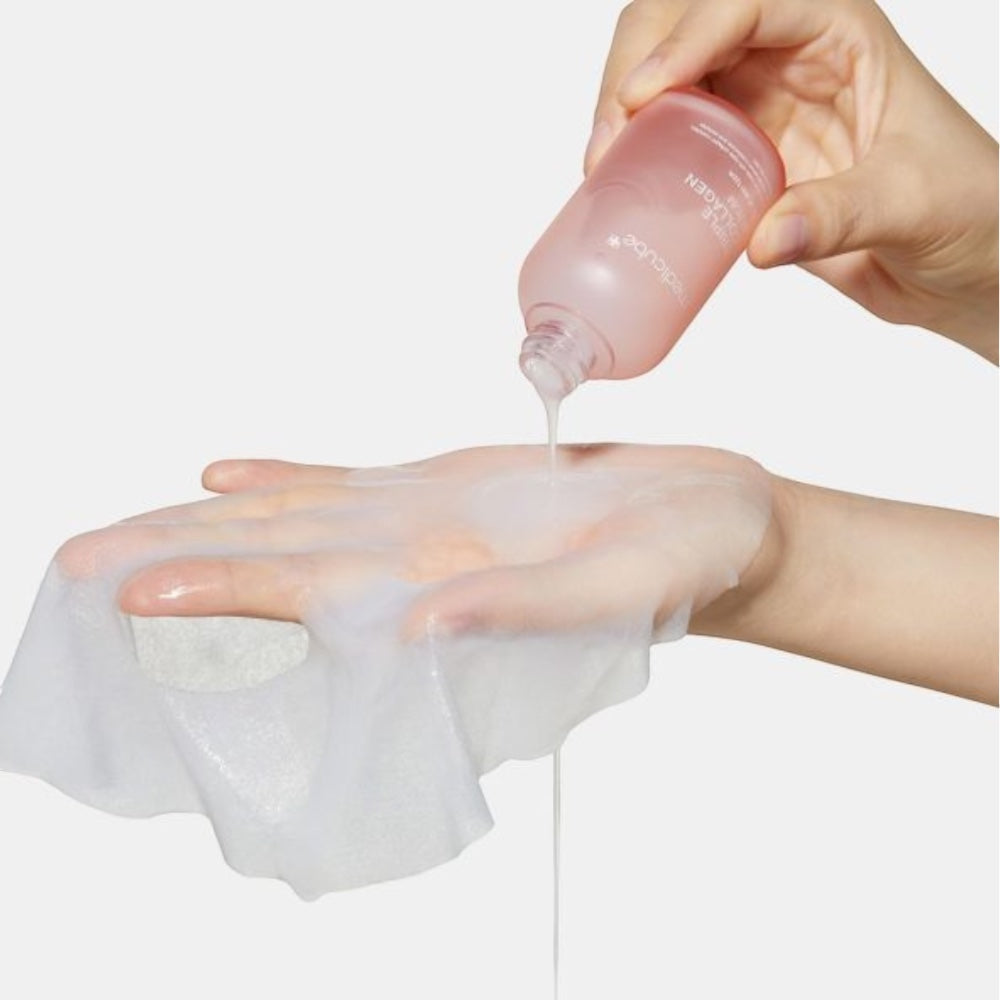 bareskin.lt Medicube Collagen Radiance sheet mask odą stangrinanti lakštinė kaukė praturtinta trigubu kolageno kompleksu, kuriame yra hidrolizuotas kolagenas, tirpus kolagenas ir atelokolagenas