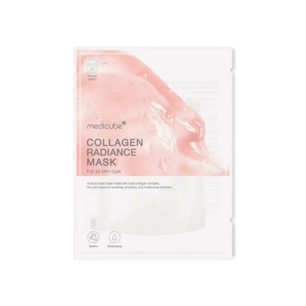 bareskin.lt Medicube Collagen Radiance sheet mask odą stangrinanti lakštinė kaukė praturtinta trigubu kolageno kompleksu, kuriame yra hidrolizuotas kolagenas, tirpus kolagenas ir atelokolagenas