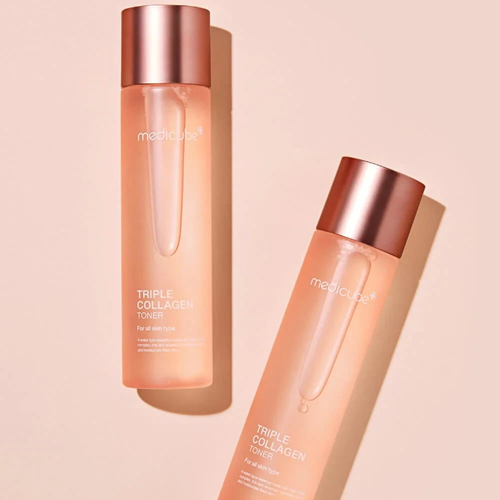 bareskin.lt Medicube Triple Collagen Toner odą stangrinatis veido tonikas, praturtintas hidrolizuotu kolagenu, atelo ir tirpiu kolagenu, kurie pagerina odos elastingumą, suteikdami jai putlumo