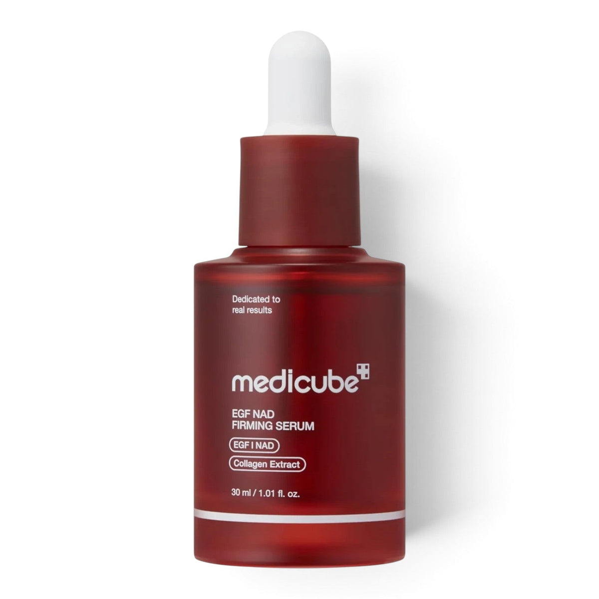 bareskin.lt Medicube EGF NAD+ Firming Serum in a dark red glass bottle with a white dropper cap for mature skin.