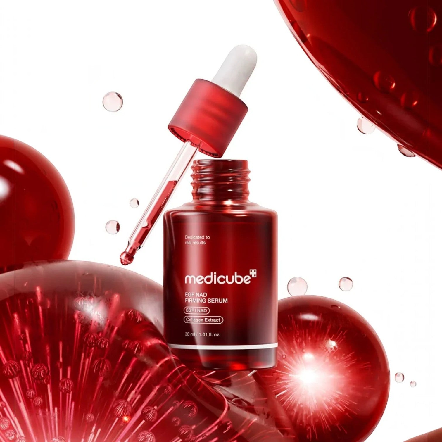 Medicube EGF NAD+ Firming Serum from bareskin.lt in a red glass bottle with a dropper, surrounded by red spheres.