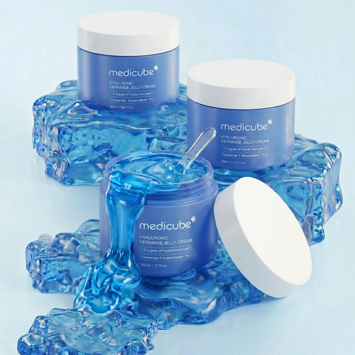bareskin.lt Medicube Hyaluronic Ceramide Jelly Cream jars with blue gel texture on ice-like blue display blocks