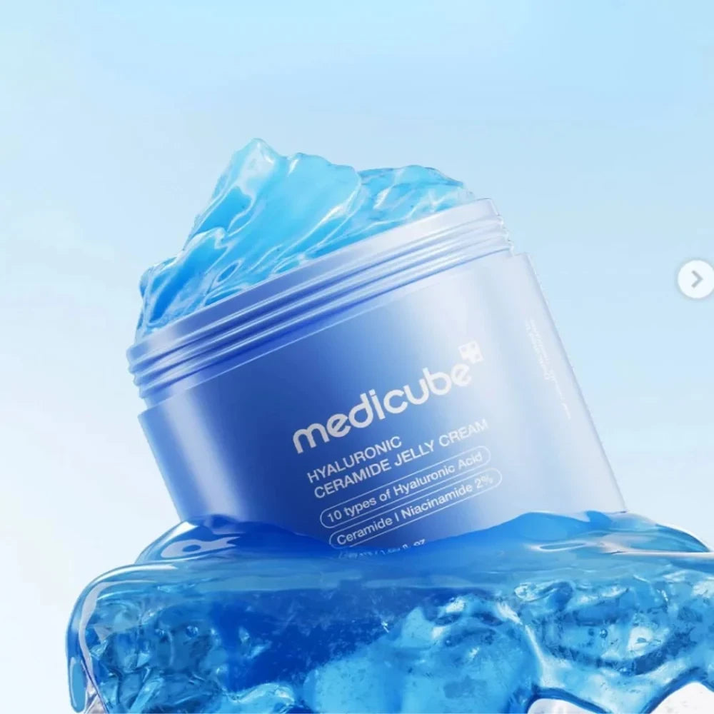 bareskin.lt Medicube Hyaluronic Ceramide Jelly Cream in a blue jar with a refreshing gel texture on a light background