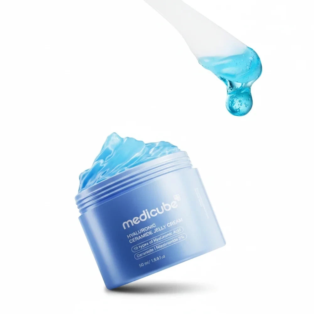 bareskin.lt Medicube Hyaluronic Ceramide Jelly Cream in a blue jar with a translucent blue gel texture and spatula