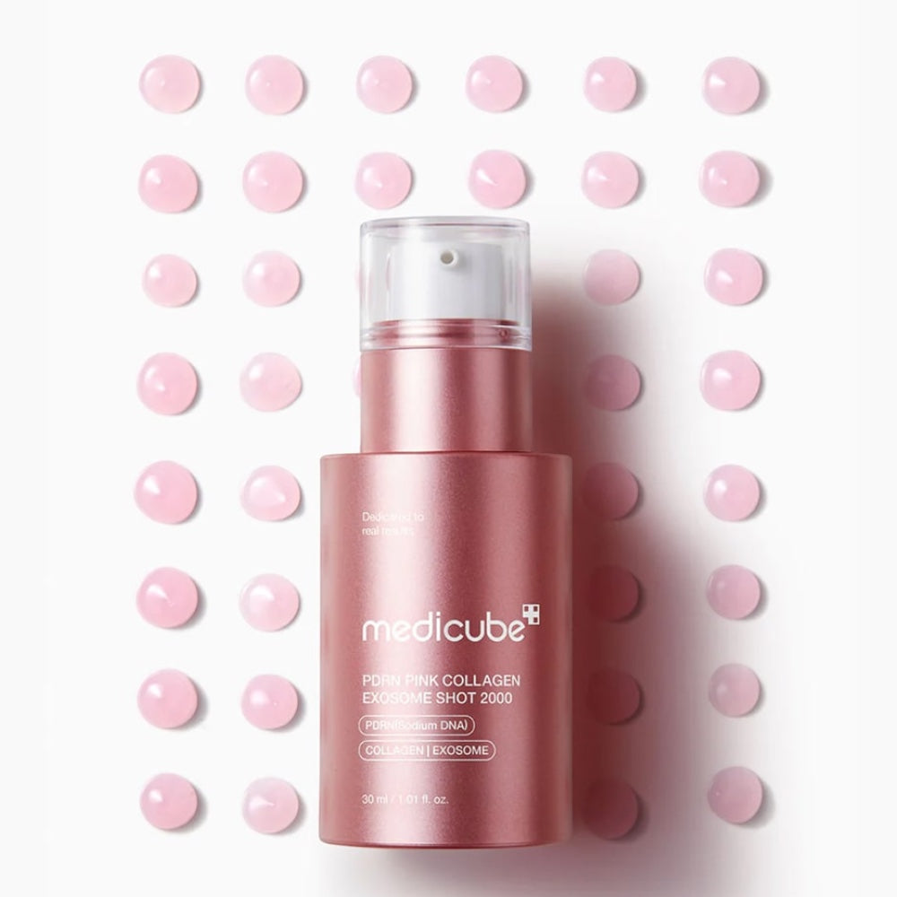 bareskin.lt Medicube PDRN Pink Collagen Exosome Shot 2000 serum intensyvaus poveikio serumas, sukurtas palaikyti odos drėgmės balansą, elastingumo pojūtį ir tolygią išvaizdą