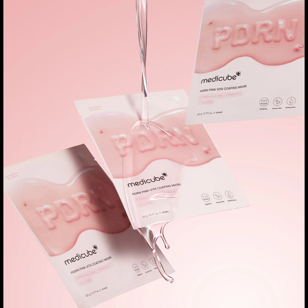 bareskin.lt Medicube PDRN Pink Vita Coating Mask sheet mask packaging with flowing serum on a soft pink background