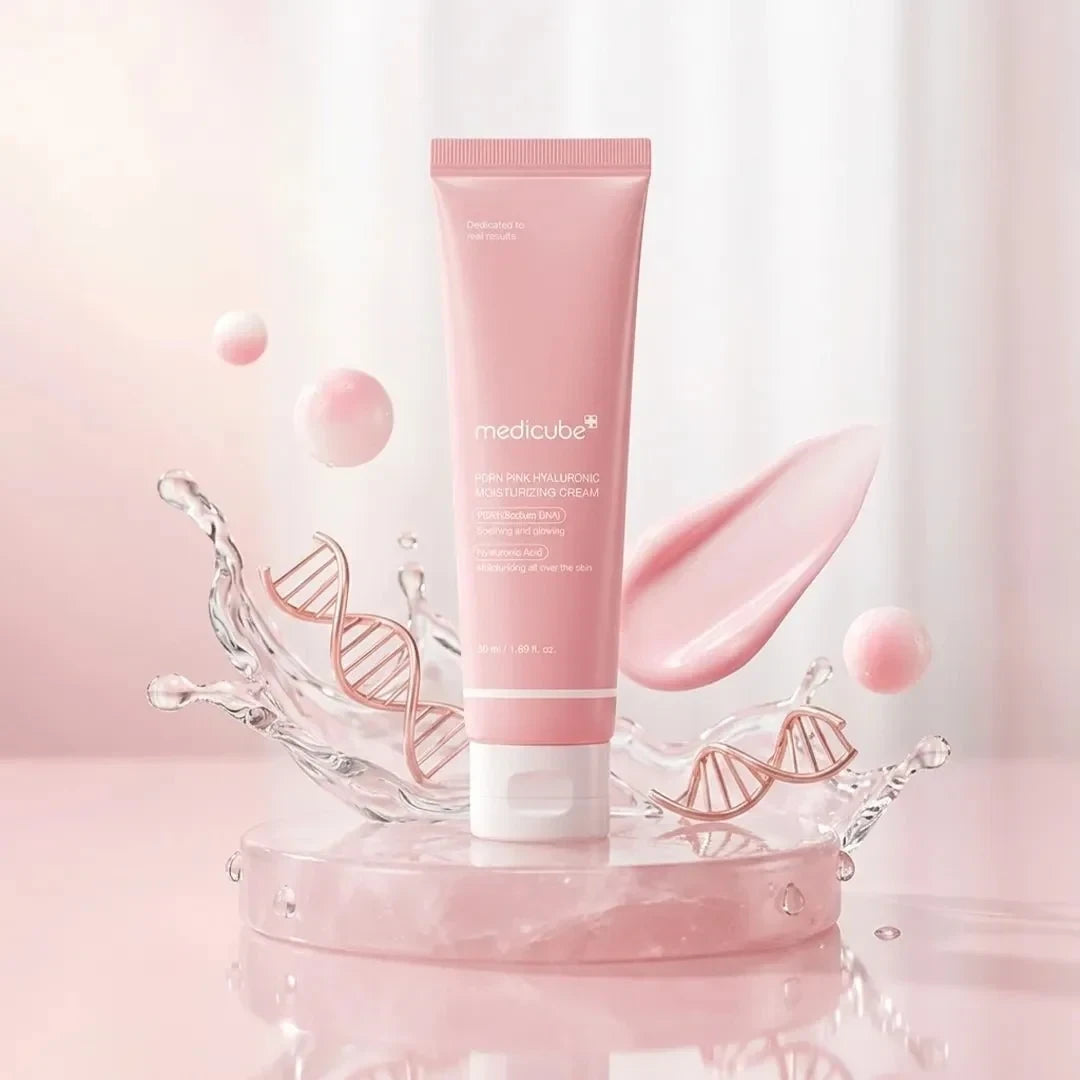 bareskin.lt Medicube PDRN Pink Hyaluronic Moisturizing Cream veido kremas su PDRN, niacinamidu ir hialurono rūgštimis intensyviai drėkina, palaiko odos barjerą ir padeda išlaikyti tolygesnę spalvą