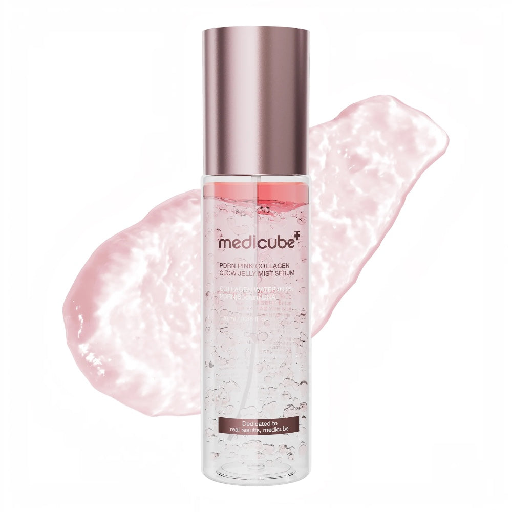 bareskin.lt Medicube PDRN Pink Glutathione Serum Mist in a clear bottle with a metallic pink cap and pink jelly texture