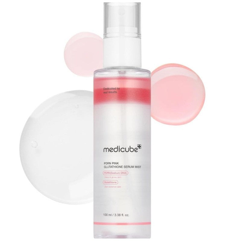 bareskin.lt Medicube PDRN Pink Glutathione Serum Mist drėkinanti ir skaistinanti veido dulksna su PDRN ir glutationu suteikia odai gaivumo, švytėjimo ir padeda palaikyti stangrumą