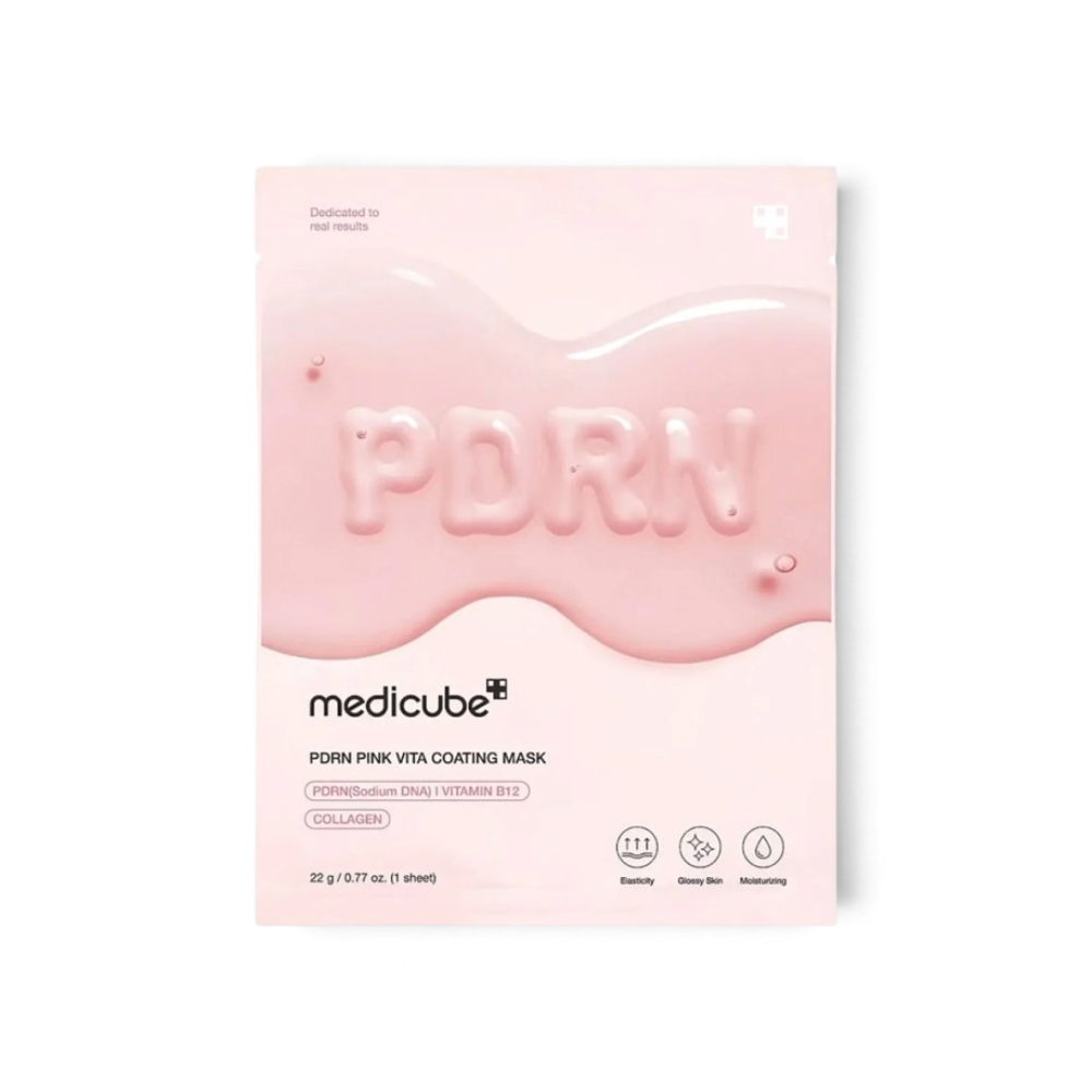 bareskin.lt Medicube PDRN Pink Vita Coating Mask veido kaukė su PDRN, vitaminu B12 ir kolagenu skirta nelygaus tono, papilkėjusios bei stangrumą praradusios odos priežiūrai