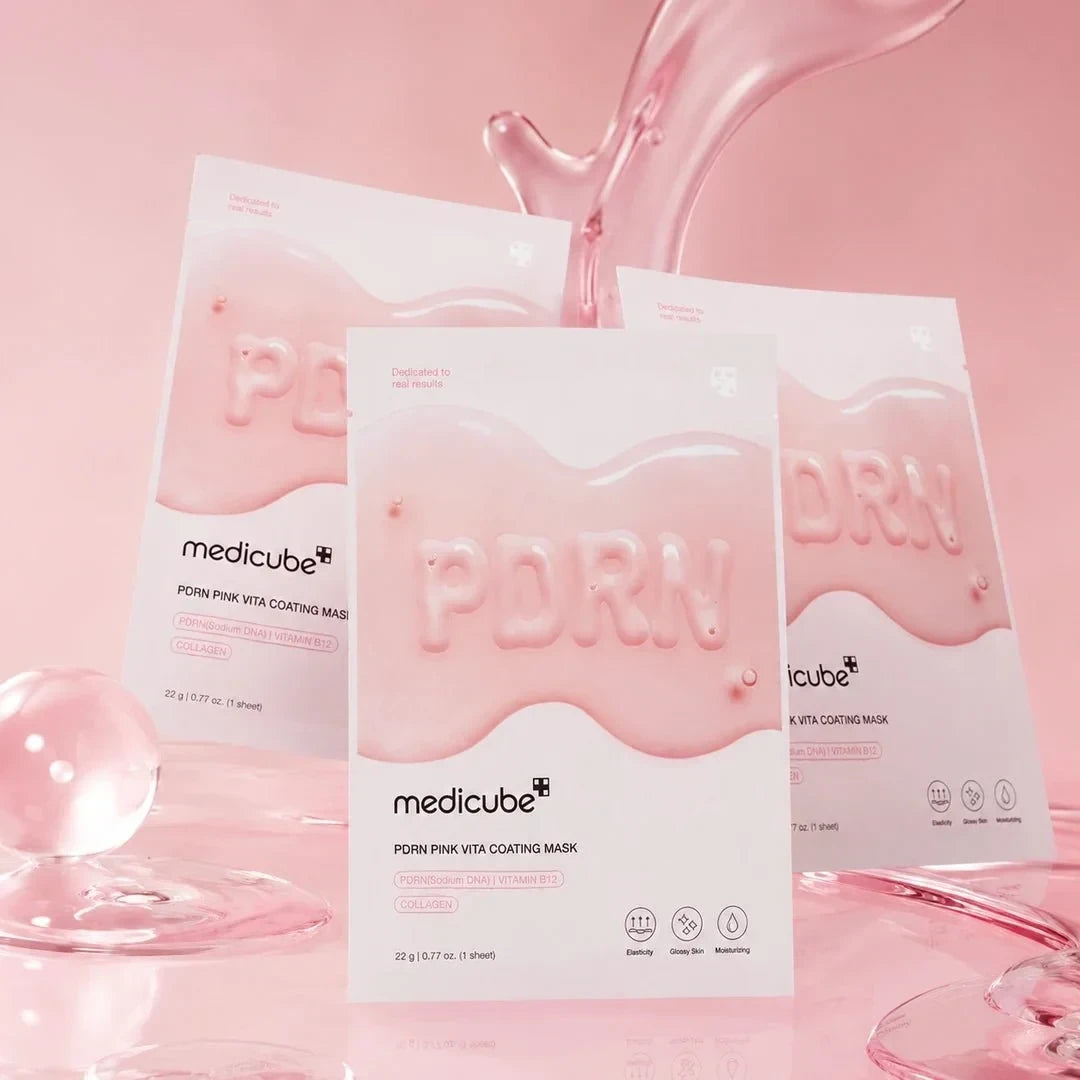 bareskin.lt Medicube PDRN Pink Vita Coating Mask veido kaukė su PDRN, vitaminu B12 ir kolagenu skirta nelygaus tono, papilkėjusios bei stangrumą praradusios odos priežiūrai