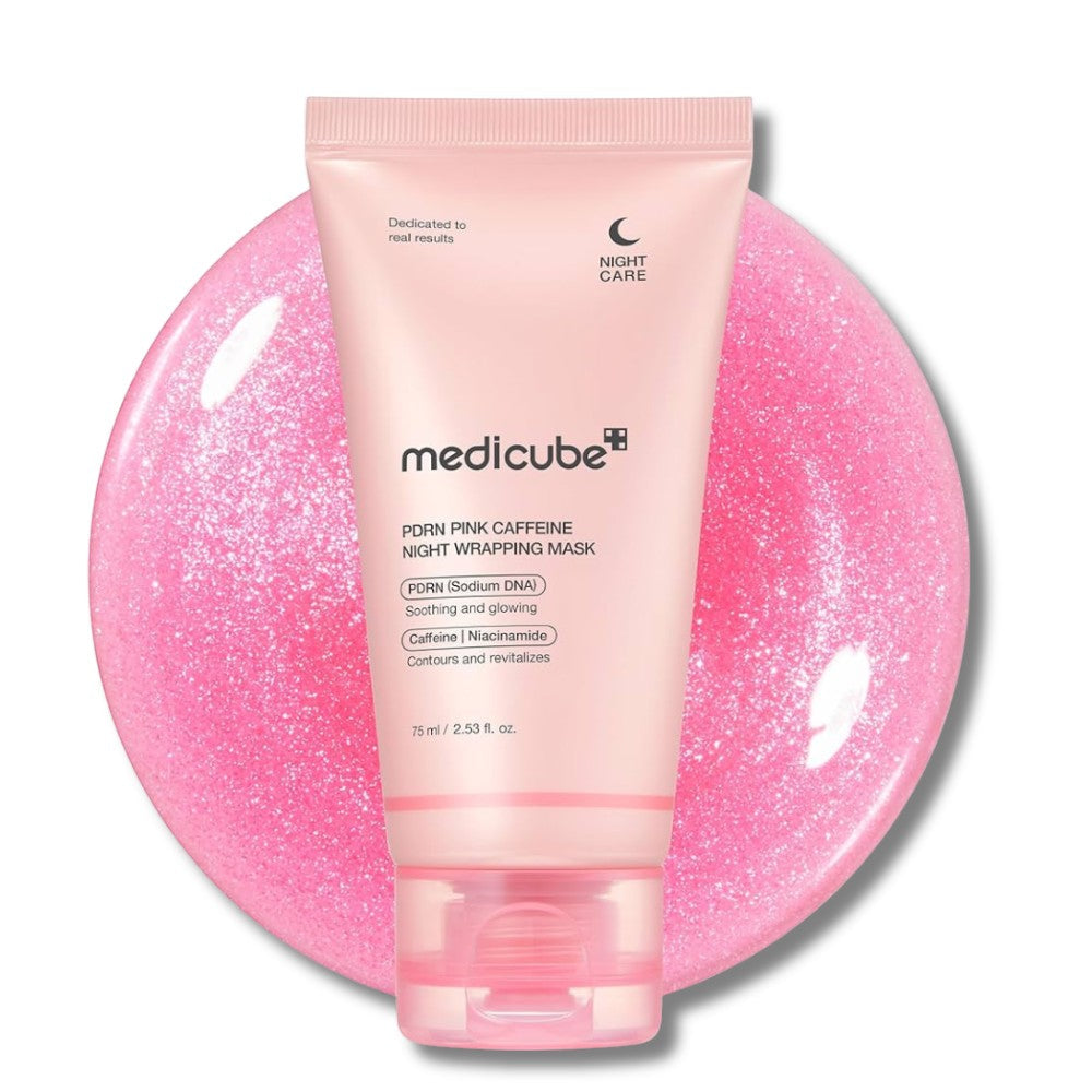 bareskin.lt Medicube PDRN Pink Caffeine Night Wrapping Mask drėkinanti naktinė kaukė, suteikianti odai pailsėjusios, lygesnės ir skaistesnės išvaizdos efektą