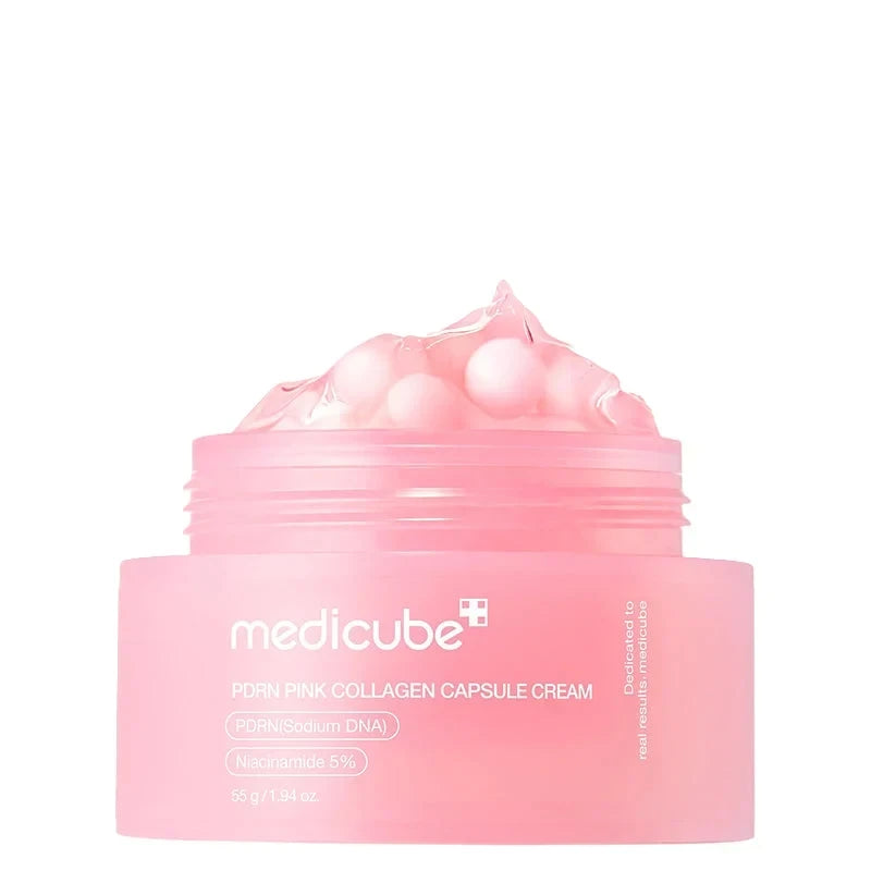 bareskin.lt Medicube PDRN Pink Collagen Capsule Cream švelnios, kapsuliuotos tekstūros veido kremas sukurtas brandesnei ar pavargusiai odai, kuriai trūksta drėgmės, stangrumo ir gyvybingumo