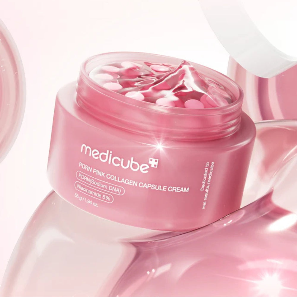 bareskin.lt Medicube PDRN Pink Collagen Capsule Cream švelnios, kapsuliuotos tekstūros veido kremas sukurtas brandesnei ar pavargusiai odai, kuriai trūksta drėgmės, stangrumo ir gyvybingumo