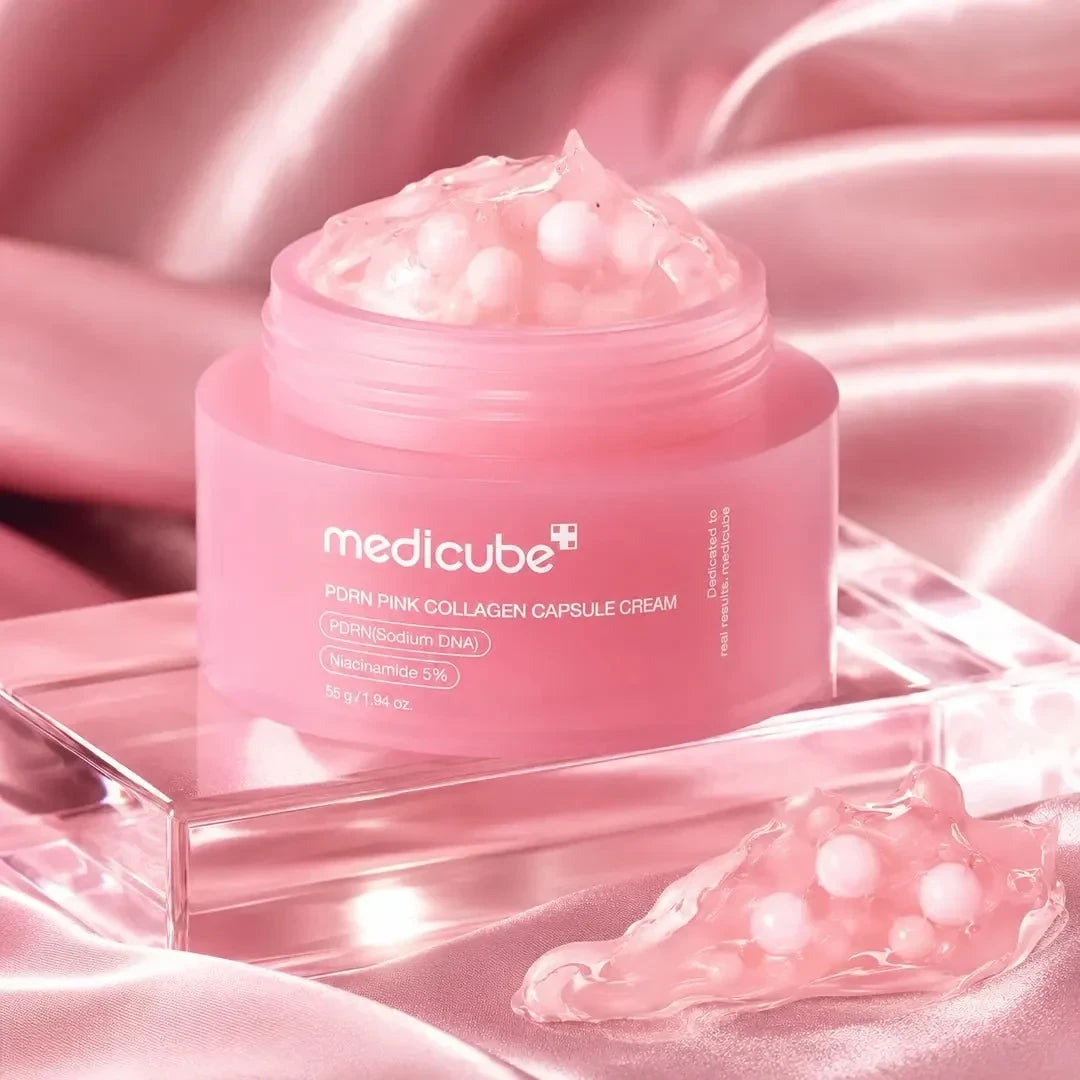 bareskin.lt Medicube PDRN Pink Collagen Capsule Cream švelnios, kapsuliuotos tekstūros veido kremas sukurtas brandesnei ar pavargusiai odai, kuriai trūksta drėgmės, stangrumo ir gyvybingumo