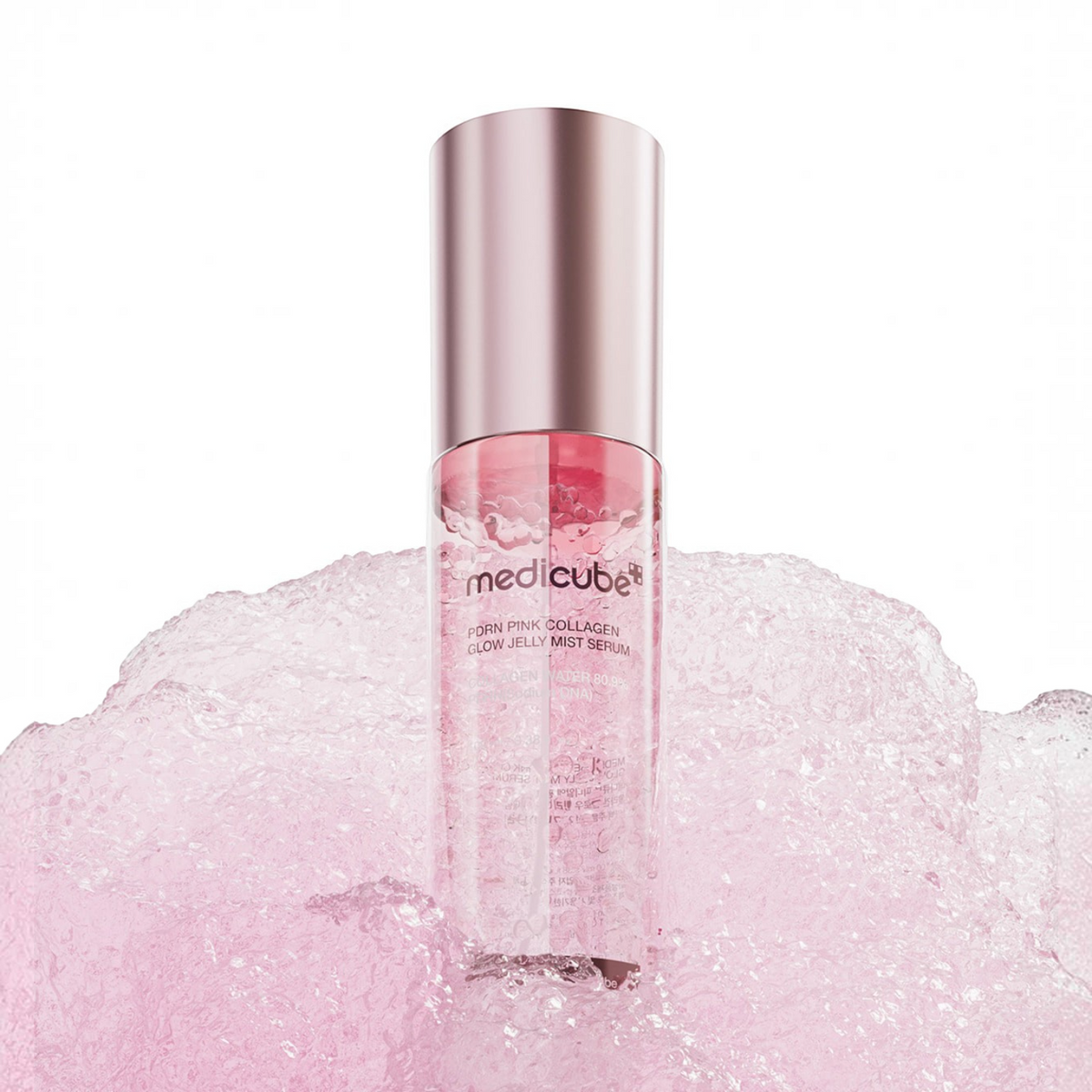 bareskin.lt Medicube PDRN Pink Collagen Glow Jelly Mist Serum in a clear bottle with a metallic pink cap