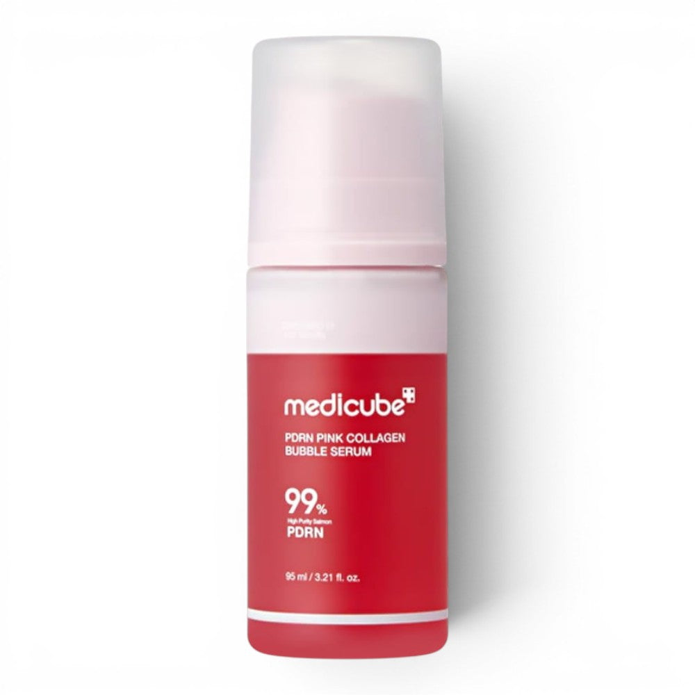 bareskin.lt Medicube PDRN Pink Collagen Bubble Serum in a red and white pump bottle for skin hydration and radiance.